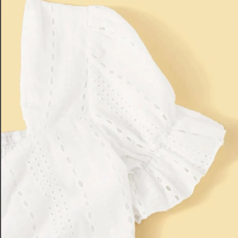 White Eyelet Embroidery Cropped Drawstring-Tie Ruched-Front Top